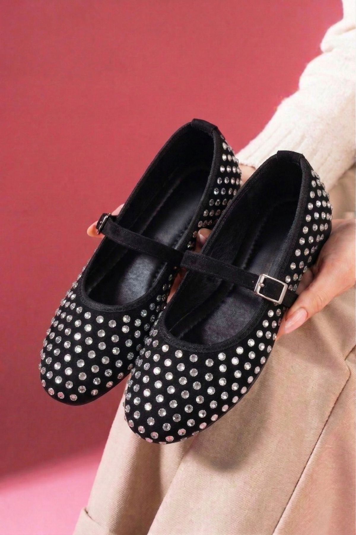 Margot Siyah Süet Kristal Taş İşlemeli Nikel Tokalı Kemer Bantlı Babet