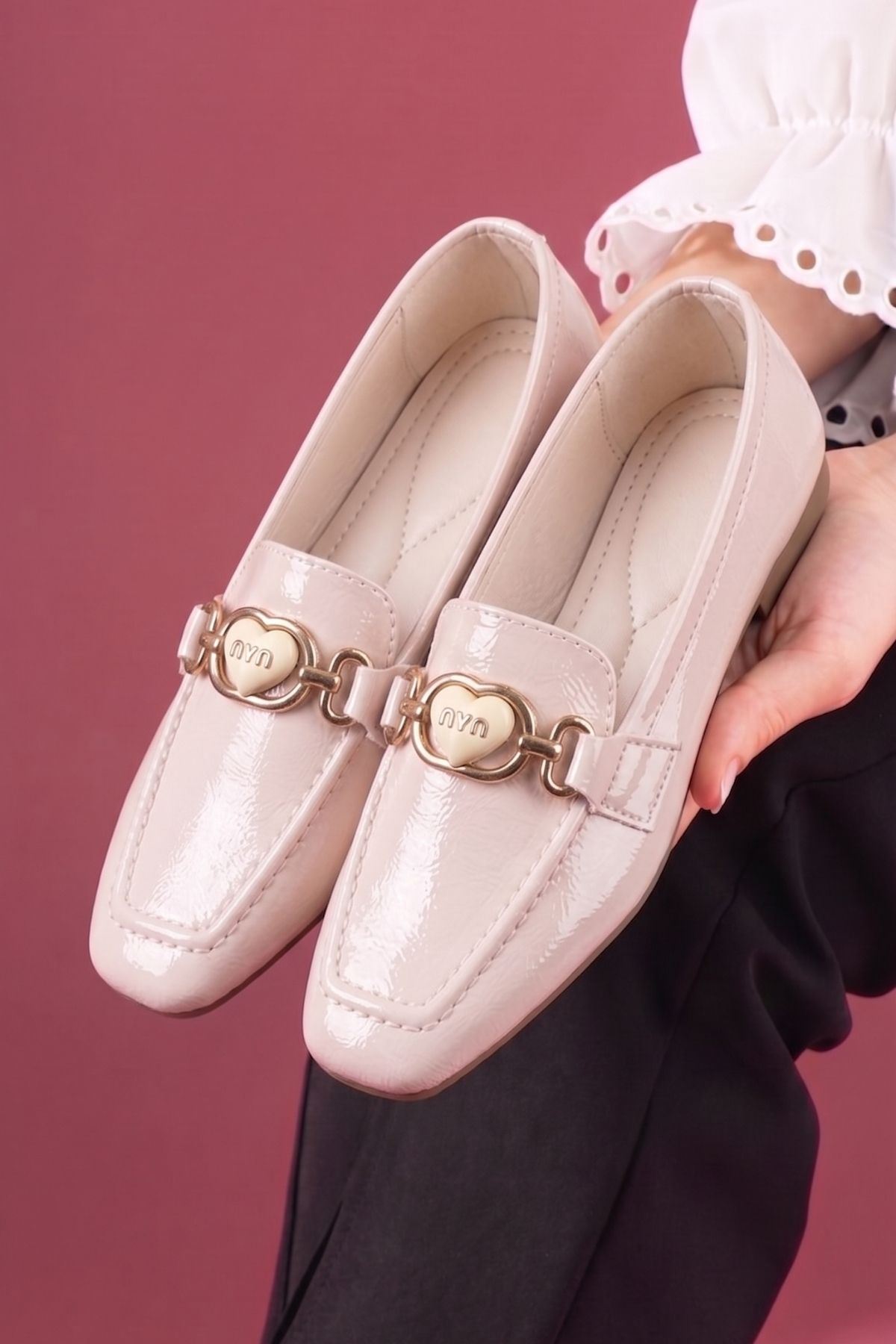 Lodi Bej Kırışık Rugan Kadın Loafer Babet Günlük Ayakkabı