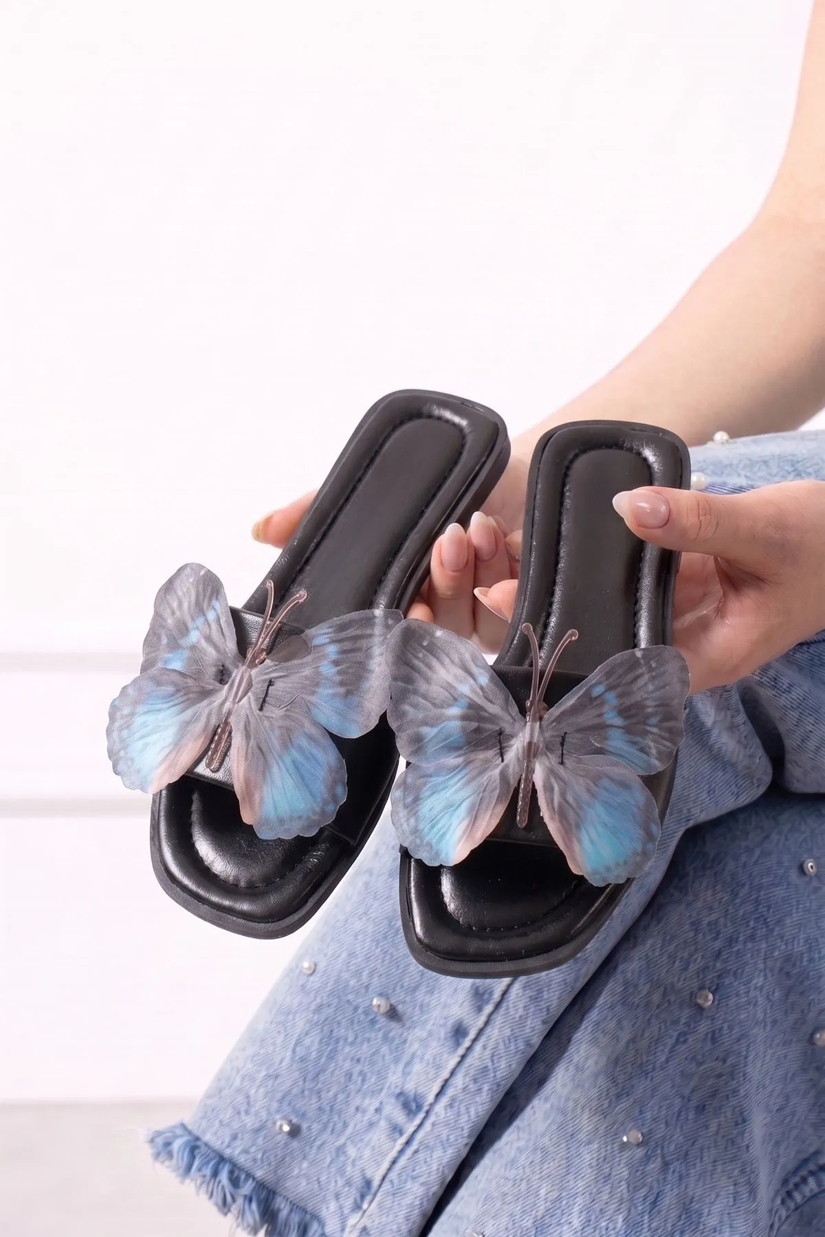 Papillon Siyah Kumaş Kelebek Detaylı Terlik