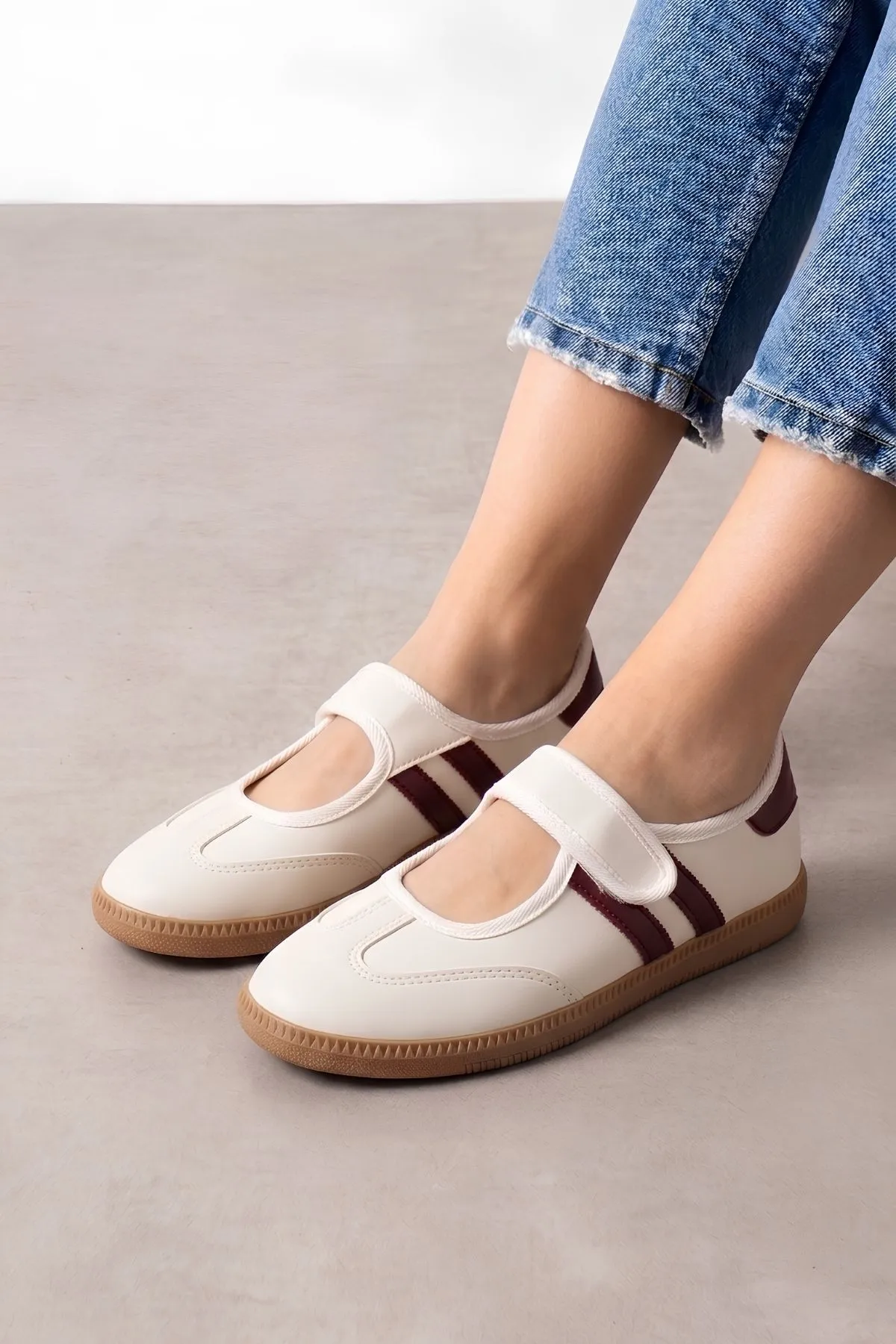 Vicenza Bej Bordo Şeritli Bantlı Spor Sneaker Ayakkabı