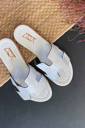 Mers Beyaz Kroko H Kesim Deri Terlik 