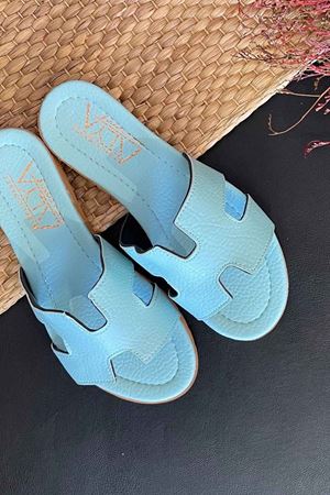 Mers Gök Mavisi H Kesim Deri Terlik   