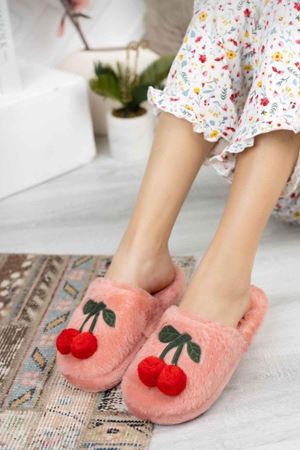 Cherry Pudra Kiraz Ponponlu Ev Terliği 
