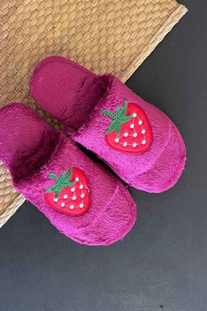 Pize Mor Çilek Figürlü Önü Açık Ev Terliği 