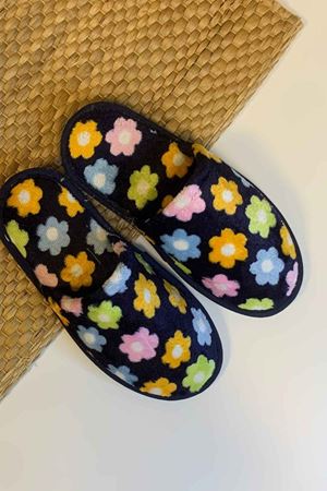 First Lacivert Çiçek Desenli Ev Terliği 