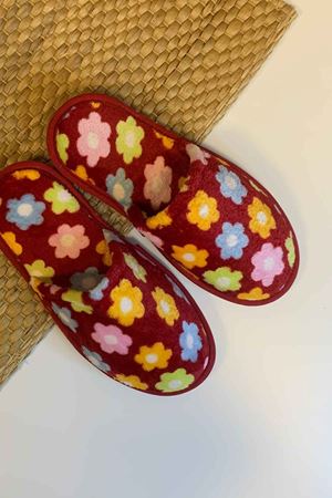 First Bordo Çiçek Desenli Ev Terliği  