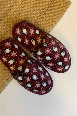 First Bordo Penguen Desenli Ev Terliği