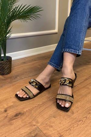 Lana Siyah  Taş İşlemeli Zincir Kemerli  Terlik  