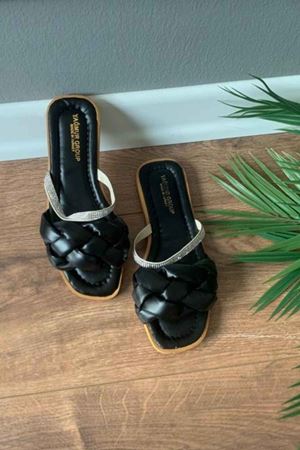 Sarah  Siyah   Kalın Örgülü  Taş İşlemeli  Terlik    