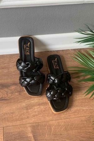 Sofia  Siyah  Çift Örgü Kemerli  Terlik  