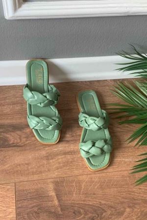 Sofia  Mint Yeşili  Çift Örgü Kemerli  Terlik    