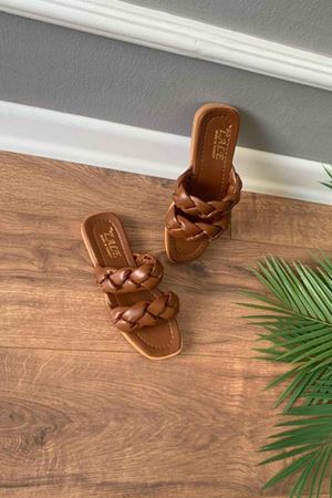 Sofia  Taba Çift Örgü Kemerli  Terlik 