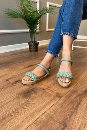 Fiona  Mint Yeşili Düz  Kemerli   Örgülü Sandalet  