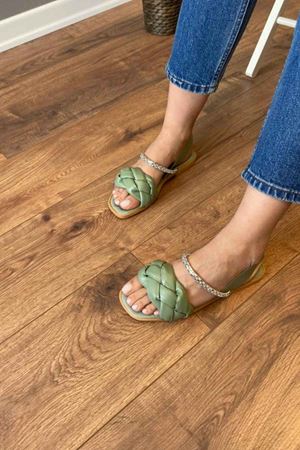 Sonya   Mint Yeşili  Kalın Örgülü  Taş İşlemeli Arkası   Lastikli   Sandalet  