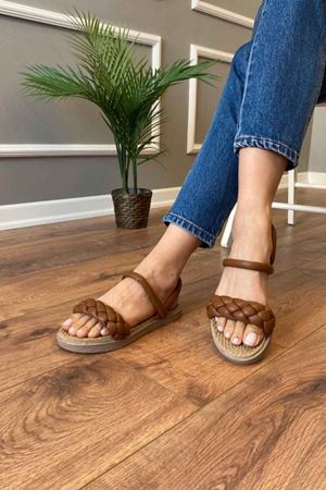 Fiona  Taba Düz  Kemerli   Örgülü Sandalet 