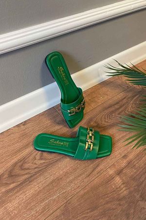 Etta  Yeşil Düz  Zincir  Kemerli   Terlik   