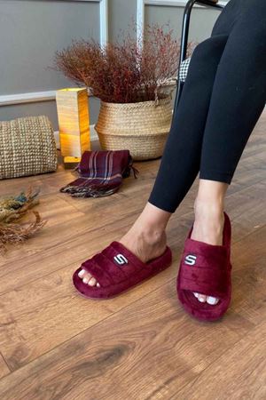  Teri Bordo Kadife S Baskı Detaylı  Önü Açık  Ev Terliği   