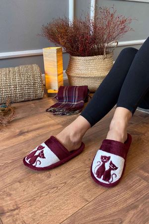 Cati   Bordo Çift  Kedi Figürlü Kapalı Ev Terliği    