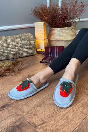 Pablo   Gri Çilek Figürlü Kapalı  Ev Terliği  