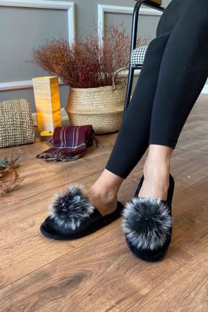 Perla   Siyah Ponpon Detaylı  Önü  Kapalı  Ev Terliği  