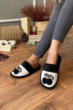 Alvin  Siyah Kiraz İşlemeli Önü Kapalı  Ev Terliği  