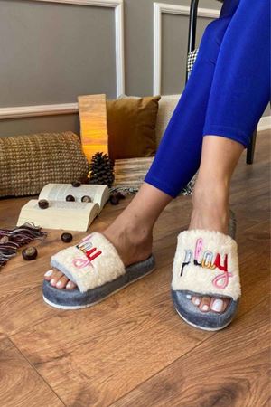 Glen Gri Play  Baskılı Ev Terlik  