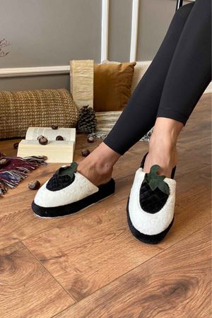 Poppy Siyah Ananas Figürlü Yüksek Tabanlı  Önü Kapalı  Ev Terlik 