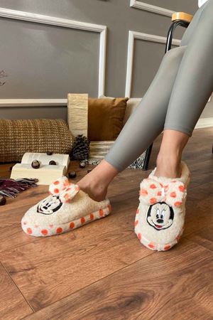 Mika  Turuncu Puantiyeli  Kurdela Detaylı   Ev Terliği   