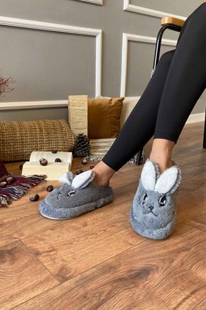 Linda Gri Tavşan Figürlü Panduf  Önü Kapalı Ev Terliği 