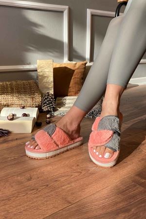 Tessa  Pembe - Gri   Geçirmeli  Çift Bantlı Önü Açık Ev Terliği  