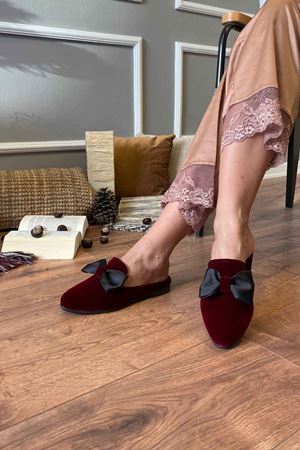  Liyan Bordo Fiyonklu Önü Kapalı   Ev Terliği 