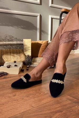  Lima Lacivert Tek Şerit Taş İşlemeli Önü Kapalı Elegant Ev Terliği 