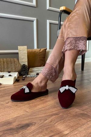 Berlin Bordo Taş İşlemeli Fiyonk Detaylı  Önü Kapalı  Ev Terliği 