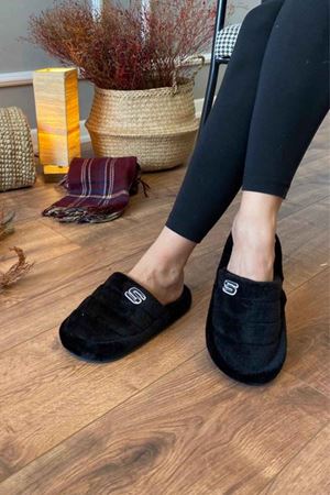  Lerina  Siyah Kadife S Baskı Detaylı  Önü Kapalı   Ev Terliği  