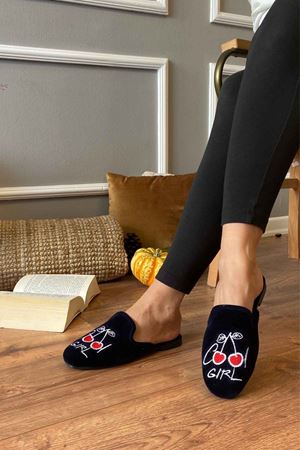 Forest  Lacivert Çilek Nakış İşlemeli  Önü Kapalı  Ev Terliği 