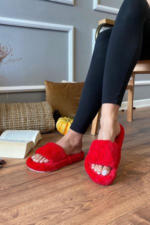 Panama Kırmızı Kalın Tek Bantlı Geniş Havuzlu Tüylü Ev Terliği 