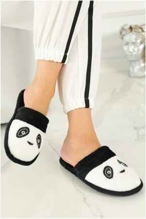 Reyna   Siyah Panda işleme  Detaylı  Önü  Kapalı  Ev Terliği   