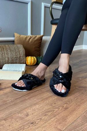 Migel  Siyah Çapraz Zincir Ve Çapraz Bantlı Ev Terliği   