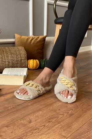 Migel  Bej Çapraz Zincir Ve Çapraz Bantlı Ev Terliği   