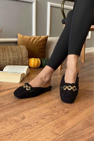 Tokyo Siyah   Havlu Dokulu Siyah Boncuk Tokalı Ev Terliği  