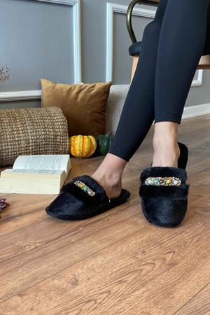 David Siyah Renkli Boncuklu Taş İşlemmeli  Ev Terliği   