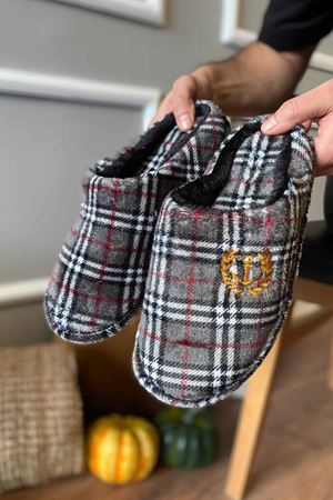 Esteban  Erkek Antrasit Ekoseli  Önü Kapalı   Ev Terliği  