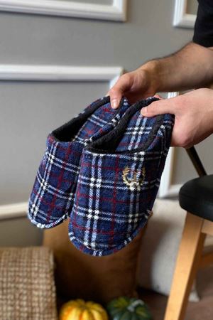 Esteban  Erkek  Lacivert  Ekoseli  Önü Kapalı   Ev Terliği  