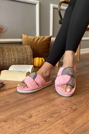 Tessa   Pudra - Gri   Geçirmeli  Çift Bantlı Önü Açık Ev Terliği  