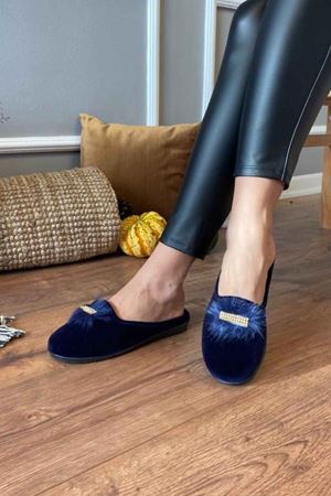 Pavel  Lacivert Kare Taşlı Tüylü  Tokalı Yuvarlak Burunlu Ev Terliği    