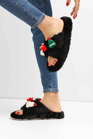 Revan  Siyah Çapraz Bantlı  Love Şapka Detaylı  Önü Açık Ev Terliği   