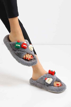 Revan  Gri Çapraz Bantlı  Love Şapka Detaylı  Önü Açık Ev Terliği  