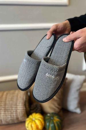 Brenda Erkek Gri Çizgi Ekoseli Önü Kapalı  Ev Terliği  