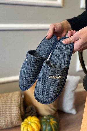 Brenda Erkek Lacivert Çizgi Ekoseli Önü Kapalı  Ev Terliği  