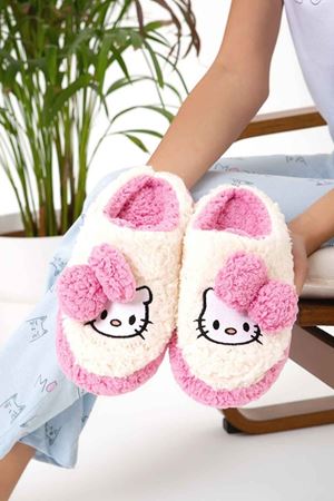 Sıkay Pudra Kedi Baskılı  Kurdela Detaylı  Ev Terliği 